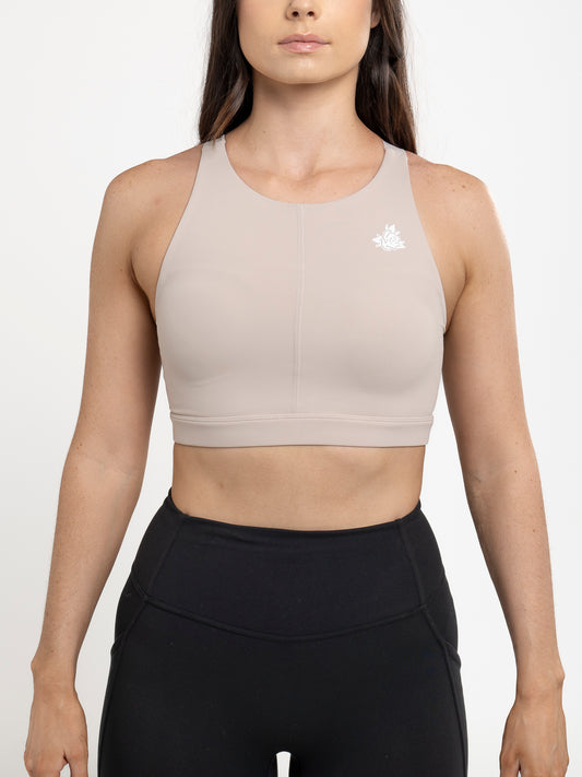 beige high neck sports crop for women